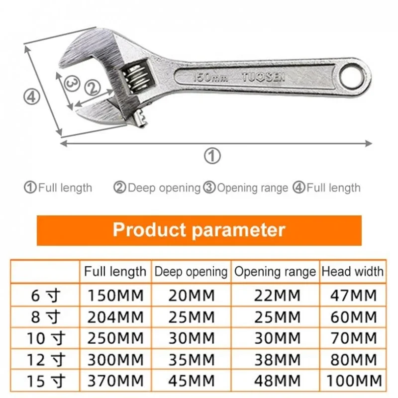 Adjustable Wrench 6Inch 8Inch 10Inch 12Inch 15Inch Open Monkey Wrench Multifunction Spanner Universal Pipe Repair Tools