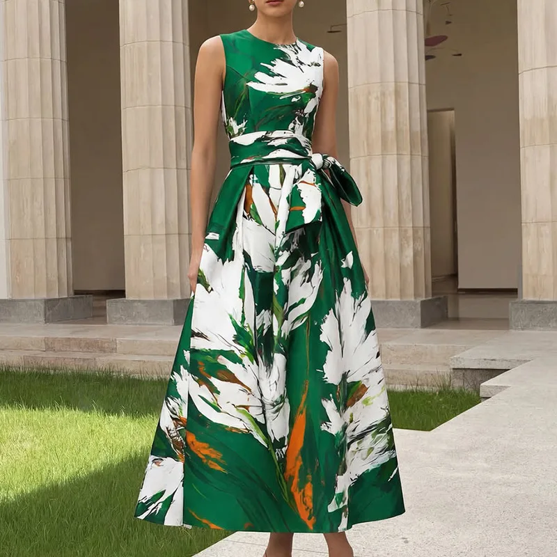 Greenora Chic Fashion Beach Floral Print Sleeveless Dress A Line Swing Maxi Dress Elegant Summer Dress for Women Wholesale