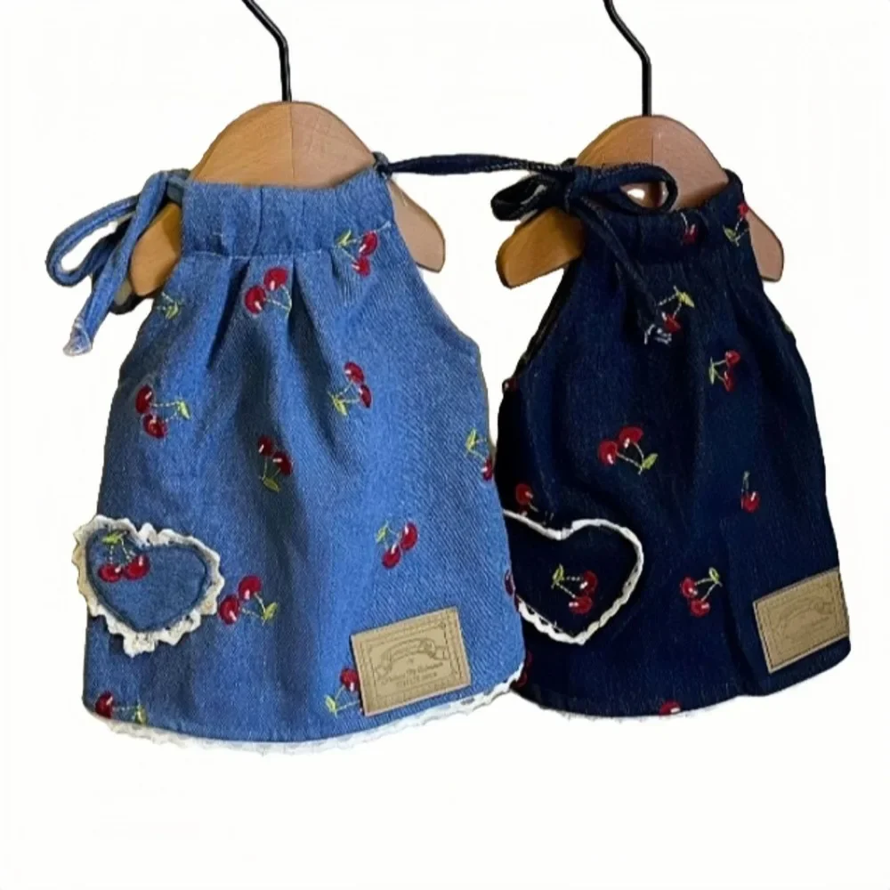 Pet Denim Skirt Cherry Strap Skirt Love Denim Skirt Marcus Yorkshire Couple Set Cat Clothing Dogs Vest Designer Dog Clothes