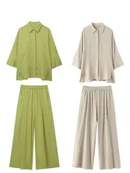 HH Women Casual Sets Solid Lapel Long Sleeve Loose Shirt Top Elegant Blouse Female Fashion Elastic High Waist Wide Leg Pant