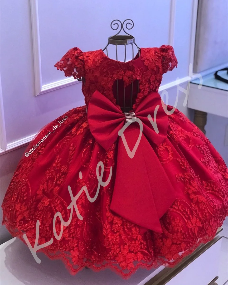 Elegante vestido de niña de flores rojas para boda, Apliques de encaje satinado, cuentas, Princesa, fiesta de cumpleaños, primera comunión, vestidos de baile