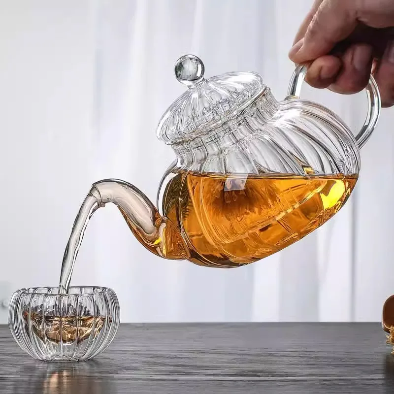 HMLOVE Heat Resistant Glass Teapot Pumpkin Kettle Tea Infuser Filter High Borosilicate Chinese Teawear Flower Pot 600ml