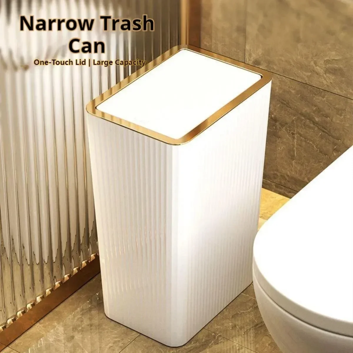 Nordic Gold Bathroom Trash Can Covered Slim Trash Can with One-Touch Lid for Bathroom Toilet Living Room Kitchen Bedroom