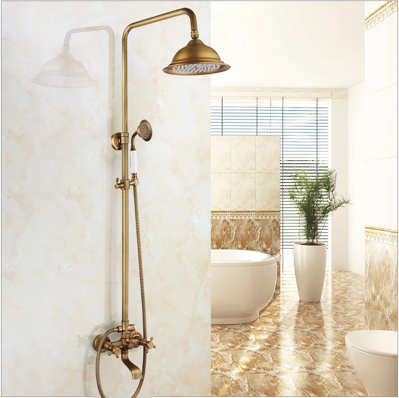 

Bathroom Shower Faucet Set Antique Brass Rainfall Wall Mounted Faucet Bathtub Shower System Set Round Head Mixer Water Tap