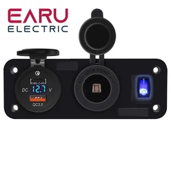 QC3.0 PD Dual USB rápido carregador soquete, painel Multi Port, divisor de isqueiro, interruptor do voltímetro, carro, motocicleta, barco