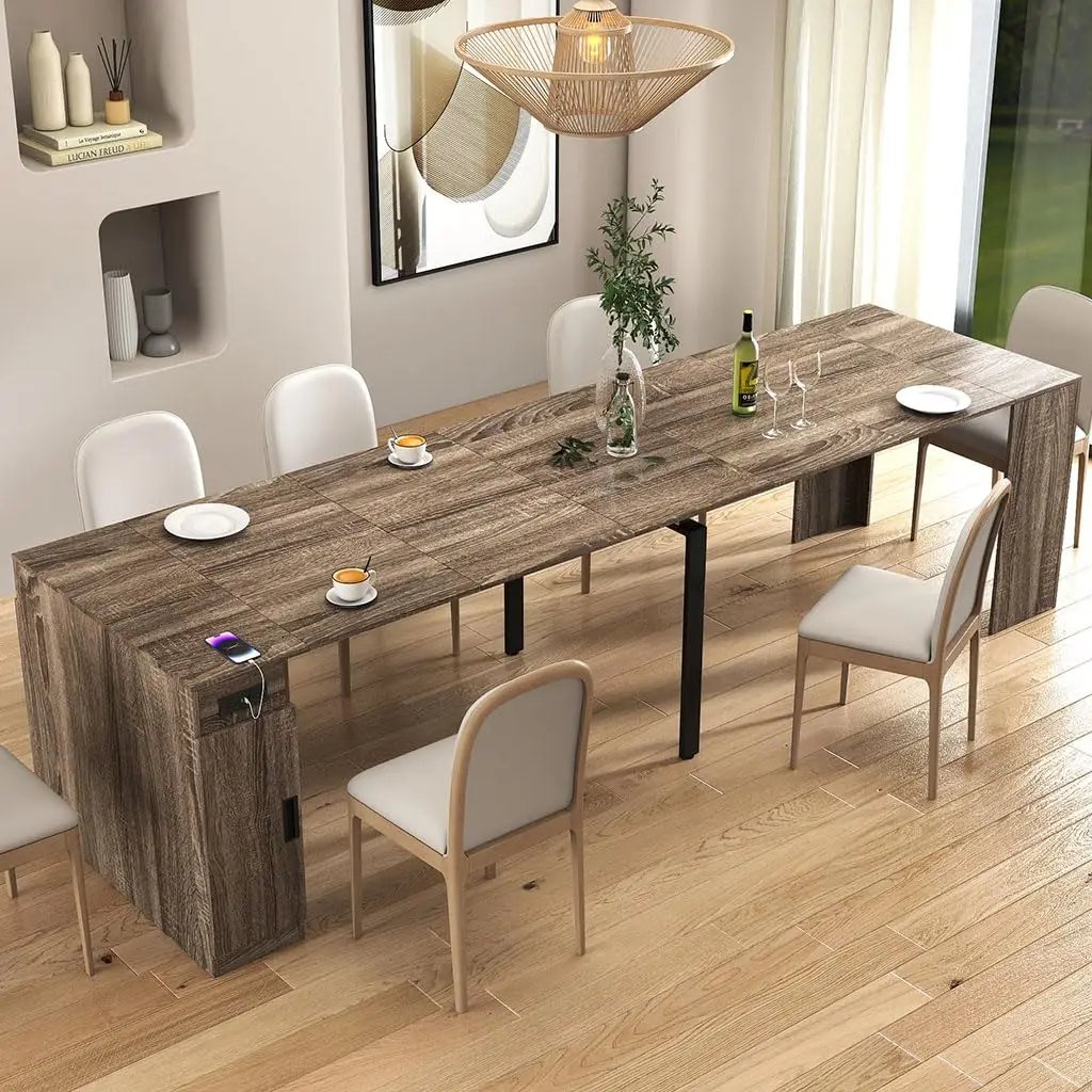Extendable Dining Table with Storage & Power Outlet, Transformer Folding Console Table Expands to Seat 12, Space Saving
