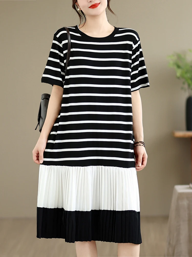 

Summer Loose A-Line Dress Midi Short Sleeve round Neck Pleated Print Casual Polyester Fiber plus Size Women's Clothing
