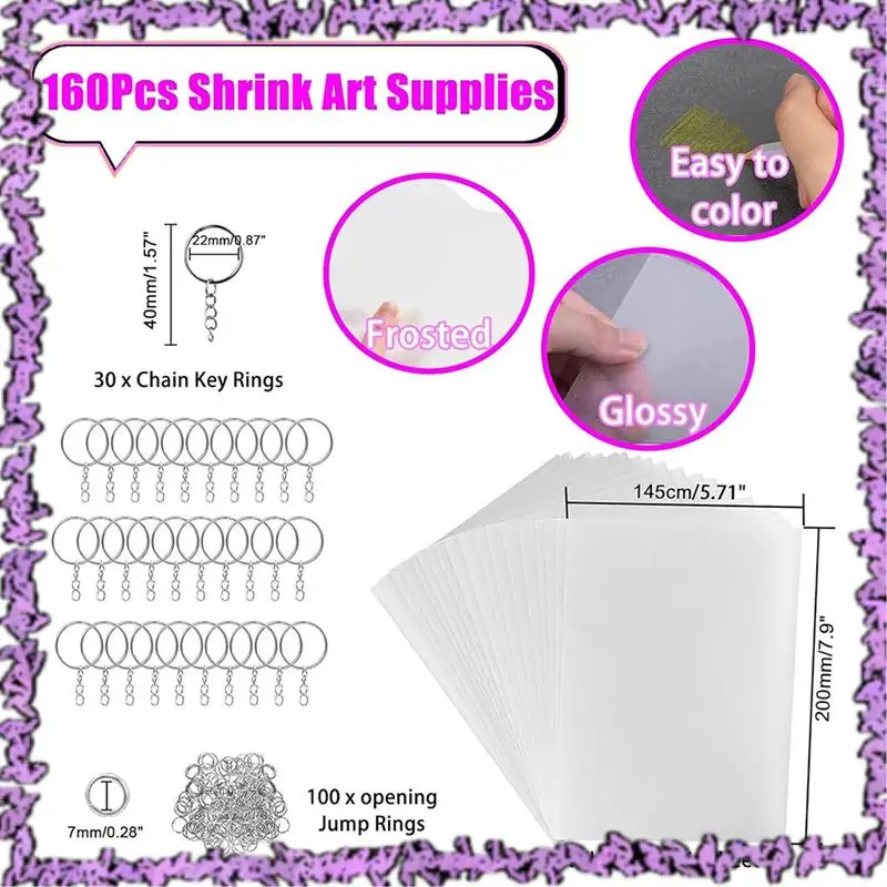 SCLL-160Pcs Shrink Plastic Sheets Kit,7.9 X 5.7 Inch Shrink Paper Sheets And Keychains Making Accessories For Kids DIY Craft