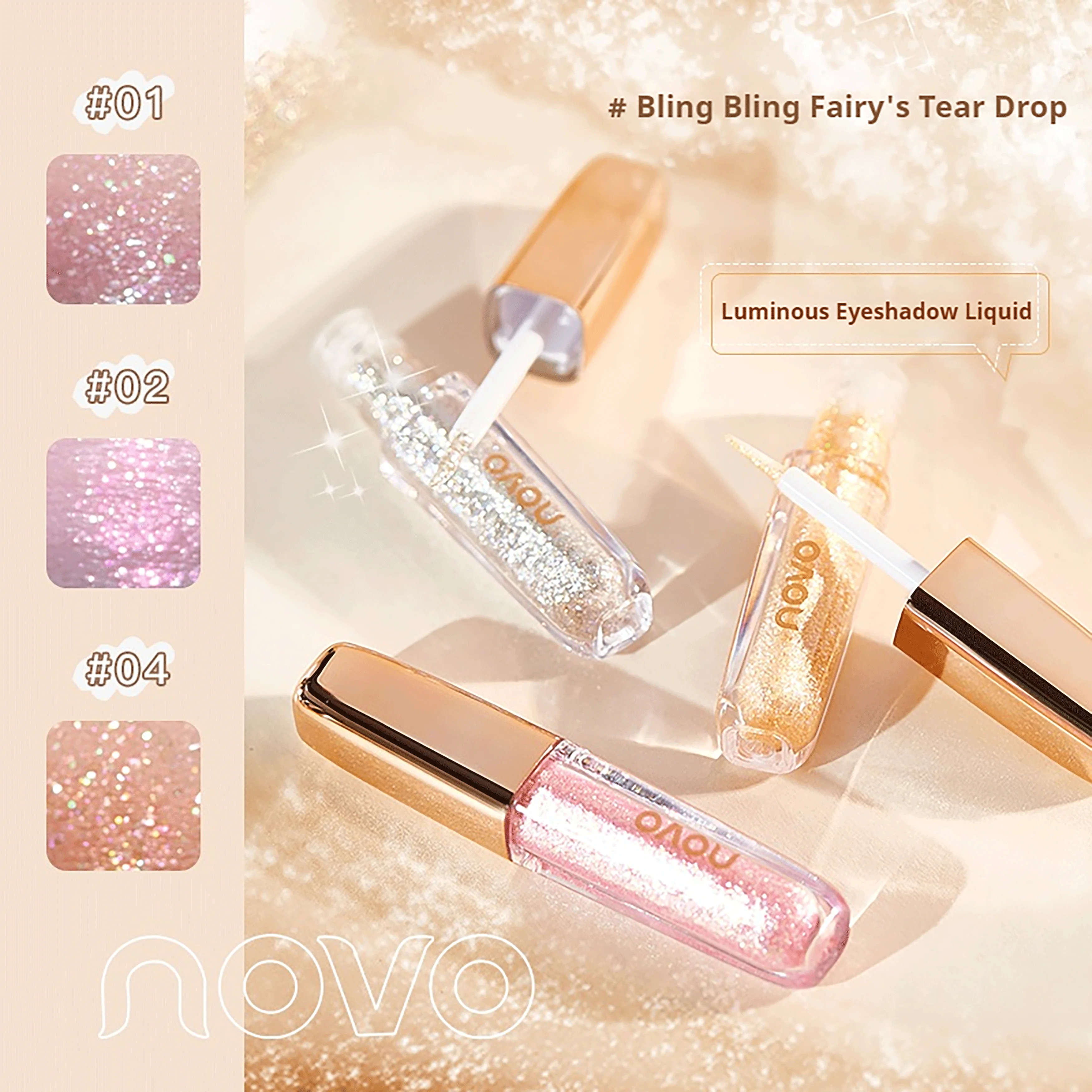 Sombra líquida com acabamento orvalhado, brilho sutil e de longa duração. Ilumina a área de calha de rasgo para um efeito luminoso.