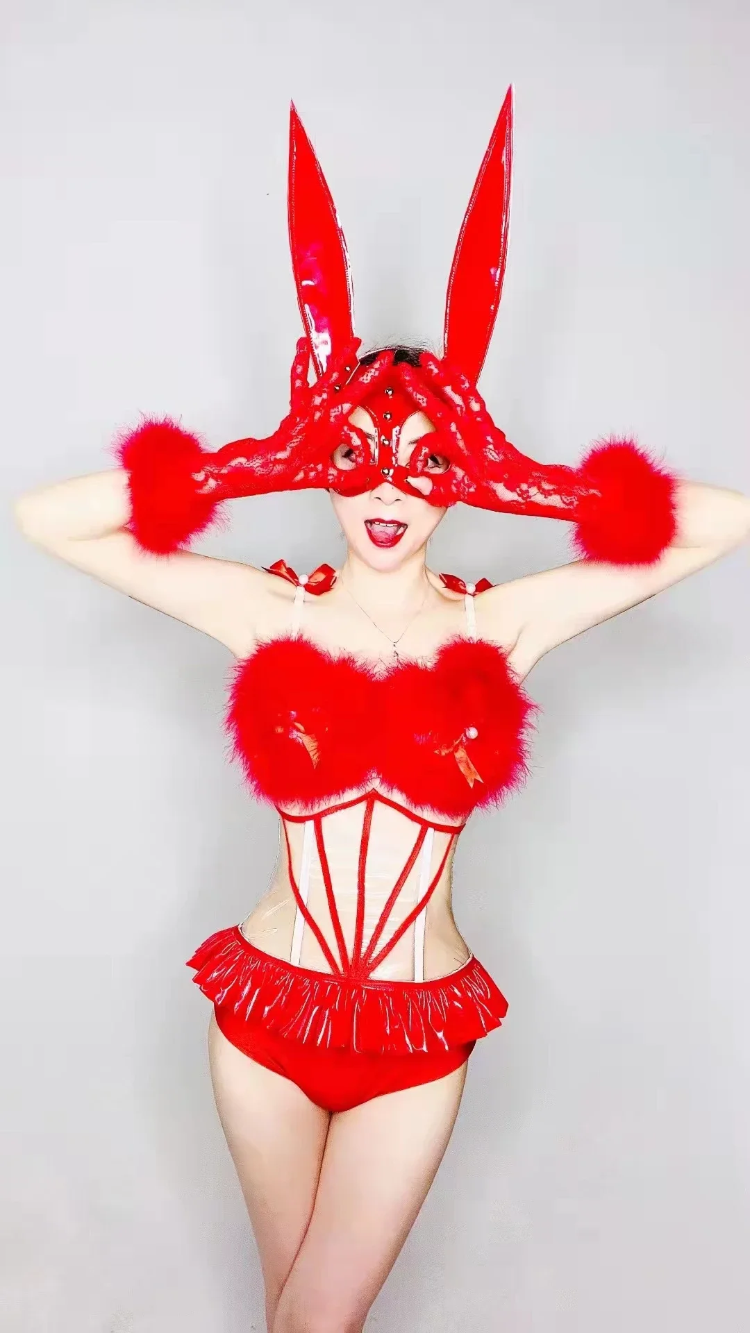 축제 파티 나이트 클럽 바 DJ 댄스 의상 댄서 팀 섹시한 무대 착용 붉은 깃털 PU 가죽 비키니 바디 슈트 장갑 헤드 기어