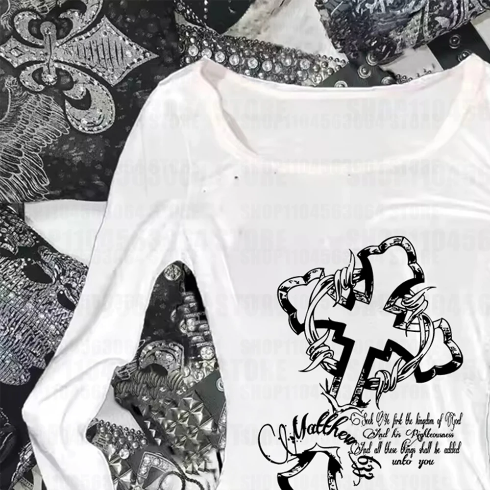 Kaus Grafis Antik Gaya Y2K Kaus Lengan Panjang Seksi Gotik Harajuku Estetika Grunge Peri Ramping Gadis Emo 2000S