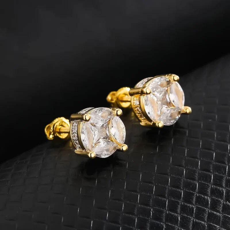 

7mm Hip-hop Hand Setting Marquis Diamonds Cut CZ Earrings 14k Gold Plated Iced Out Men's Jewelry Father's Day Gift for Men