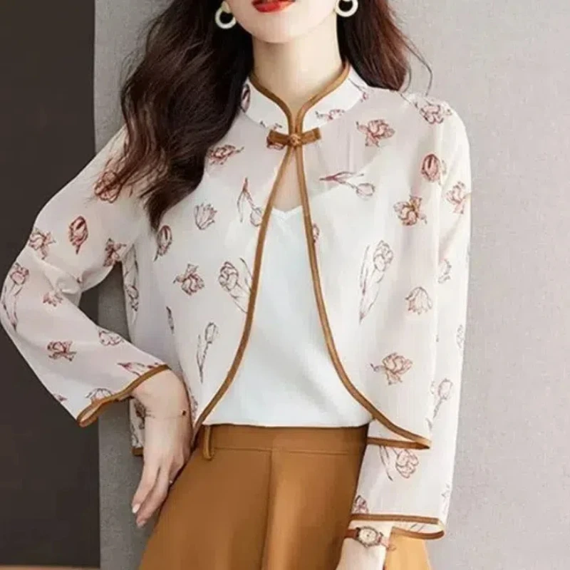 2024Summer Women\'s Casual Fashion Elegant Commuting New Chinese style Plate ButtonPrinted Button Chiffon Simple Thin Small Shawl