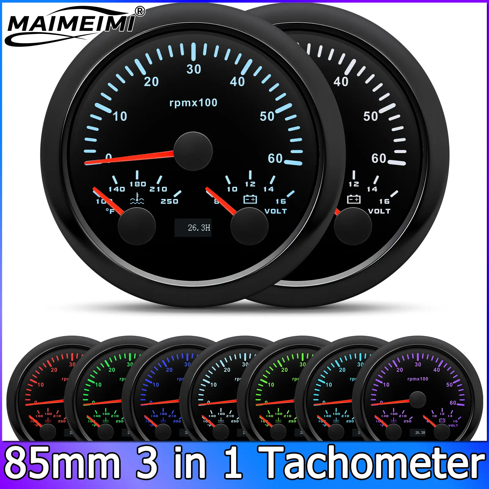 

Многофункциональный прибор 3-в-1: тахометр, датчик температуры воды (до 150°F), вольтметр для 12В автомобилей и лодок, 85 мм, 6000 об/мин, 7-цветная подсветка