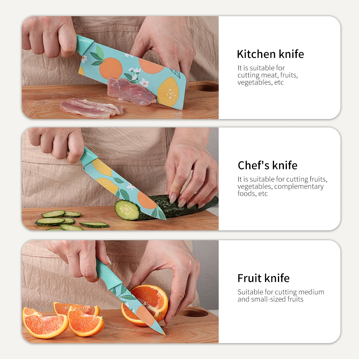 3pcs-set Kitchen Knife Set Stainless Steel Vegetable Knife Fruit Knife Colorful Fruit Print Knife Fruit knife Chef Knife