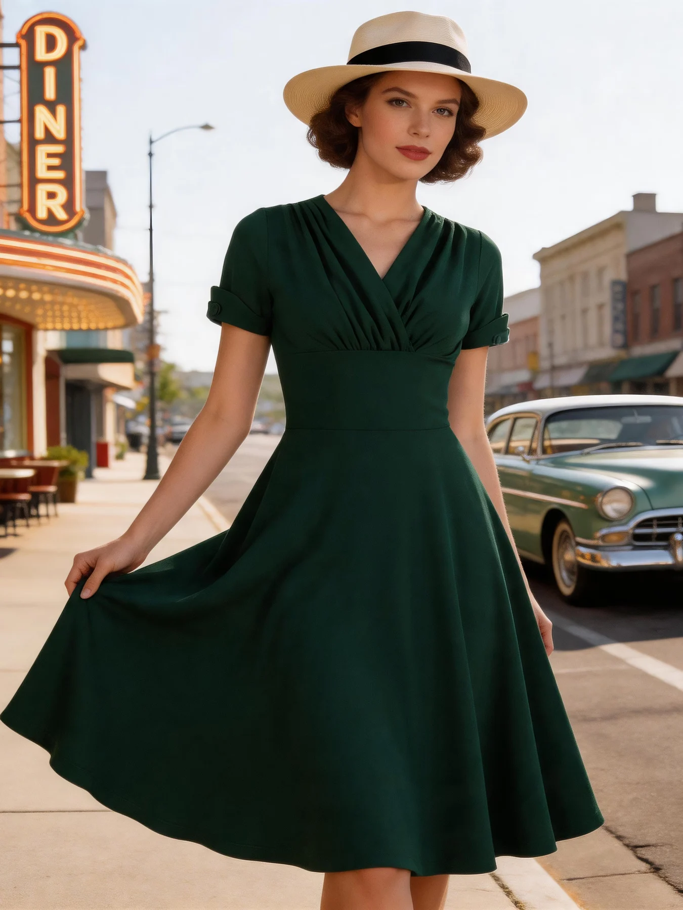 Tonval Ruched V Neck Wrap High Waist 1950S Vintage Green A Line Swing Dresses Women Summer Solid Elegant Party Midi Dress