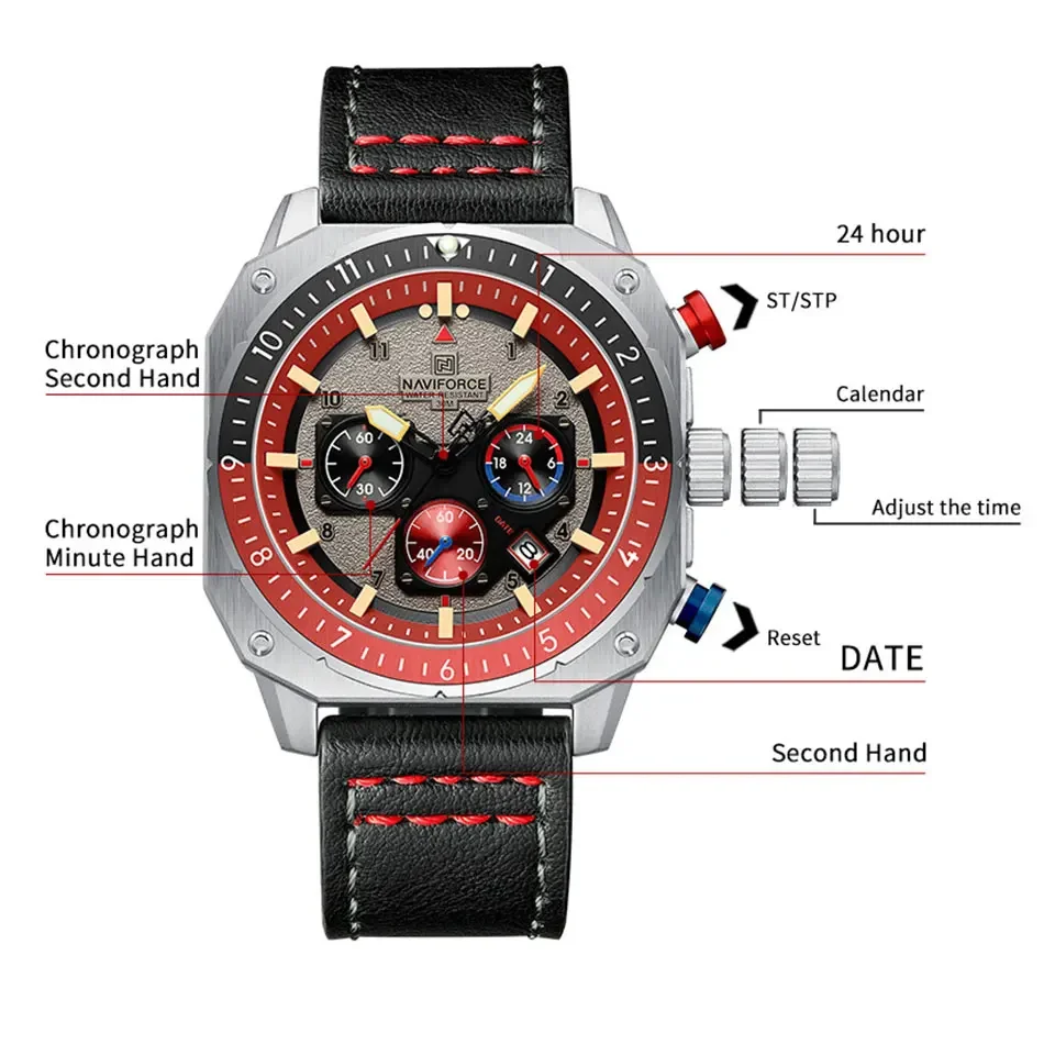 NAVIFORCE NF8057 Sports Multifunction Waterproof Calendar Fashion Leather Strap Luxury Brand Quartz Luminous Square Watch