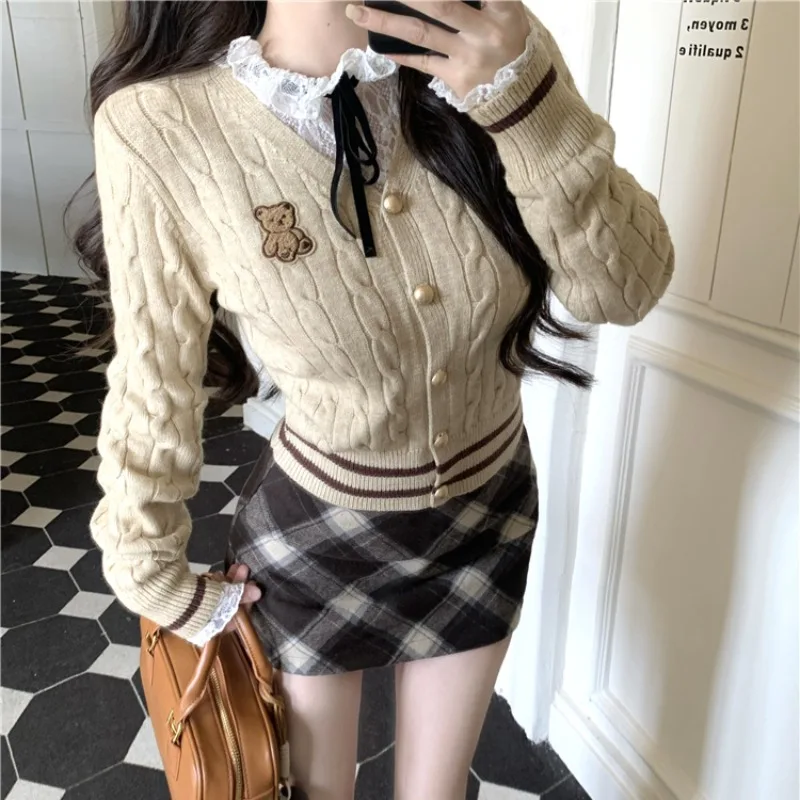 

Deeptown Youth Woman Knitted Cardigans Korean Style Preppy Vintage Y2k Sweaters Harajuku Kawaii Cozy V Neck Outerwears Autumn