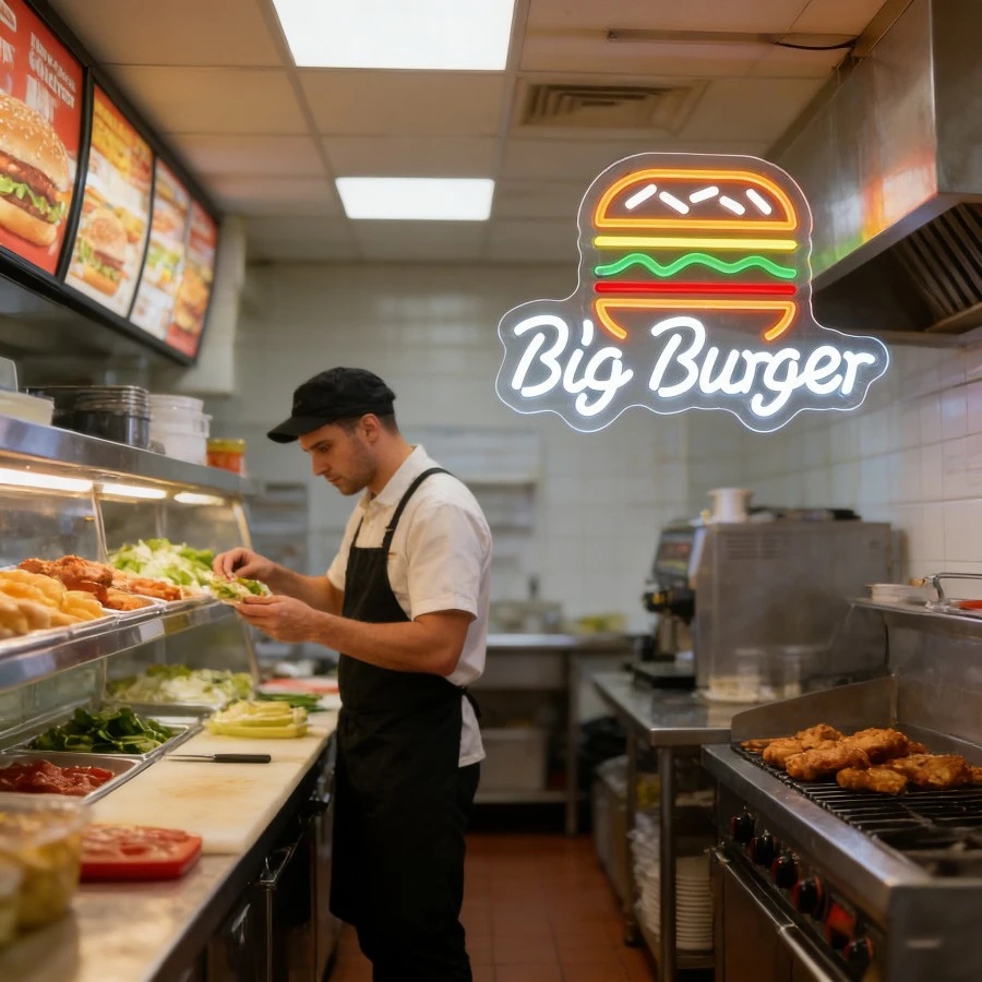 Big Burger LED Neon Sign for Restaurant Diner Wall Decor USB Dimmable Neon Light Fast Food Shop Kitchen Cafe Wall Art Decor