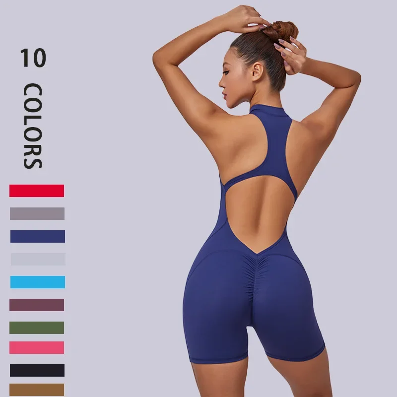 New One Piece Shapewear Sports Gym V Back Scrunch Bodysuit Yoga Suit Sport Jumpsuit Women Zipper Shorts Sexy Women Sportswear