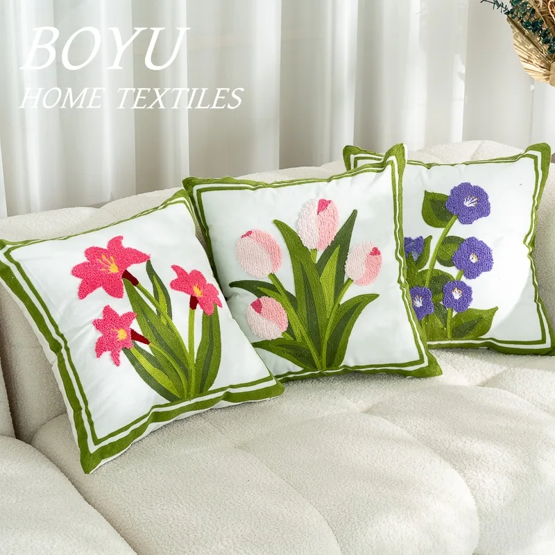 Tulip Embroidery Pillow Cover Nordic Style Living Room Sofa Cushion Cover Simple Pillowcase Backrest Home Decoration