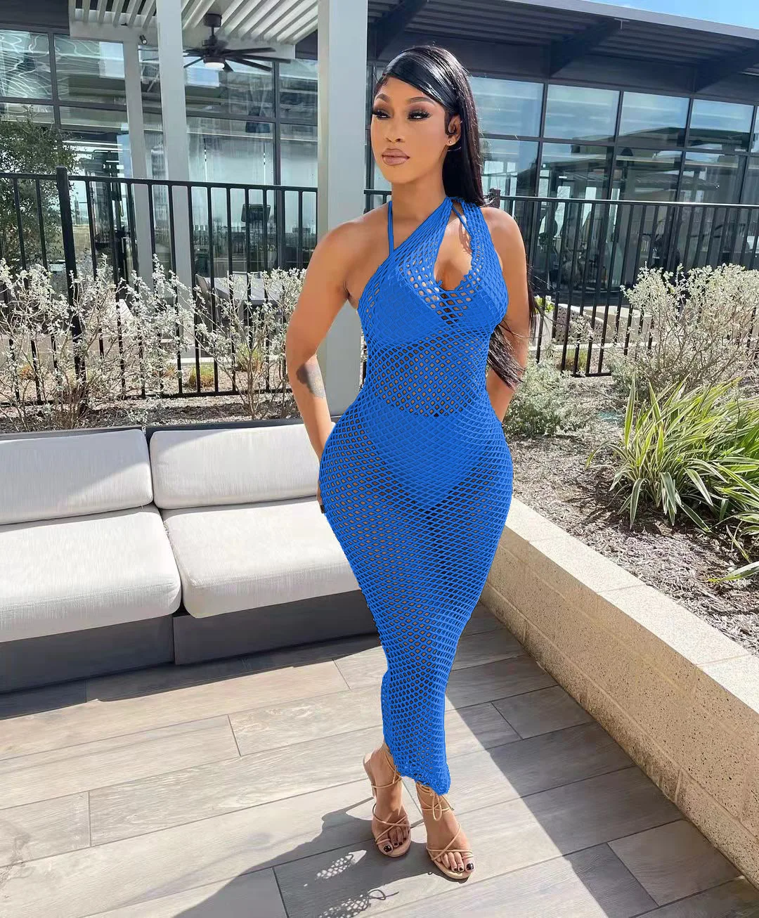 Casual Knitted Fishnet Beachwear Summer Long Dress Women 2022 Sexy One Shoulder Hollow Out See Through Party Club Maxi Dresses