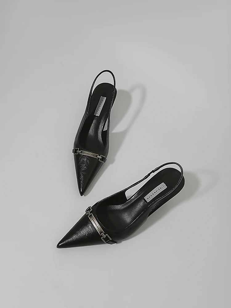 Lin Xiangwan Korean Style Pointed Toe Kitten Heels Commuting Sandal Women's Shoes Low Heel Buckle Strap Soft Leather 