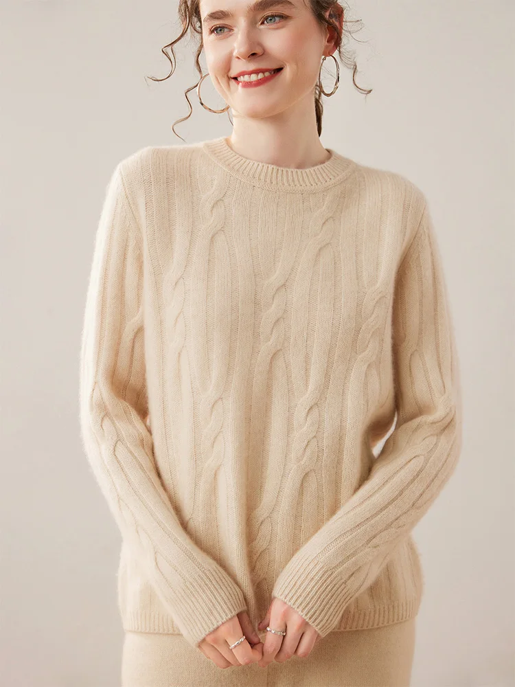 

TLOML High Quality Women 100% Cashmere Sweater O-Neck Loose Cable Knit Pullover Autumn Winter Cashmere Knitwear Soft Casual Tops