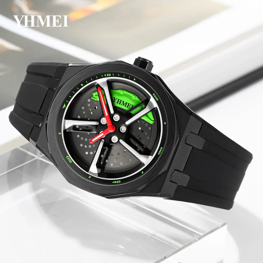 Cool men\'s watches silicone strap wheel hub rotating dial design luminous and waterproof top fashion quartz watch for men