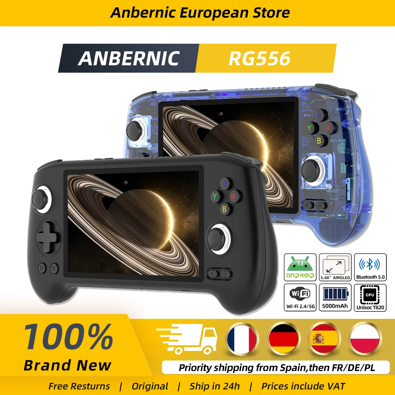 Consola de Videojuegos Retro Anbernic RG556, Sistema Android 13 de 64 bits, Unisoc T820, Pantalla AMOLED de 5.48 Pulgadas, Joystick Hall, Reproductor de Juegos