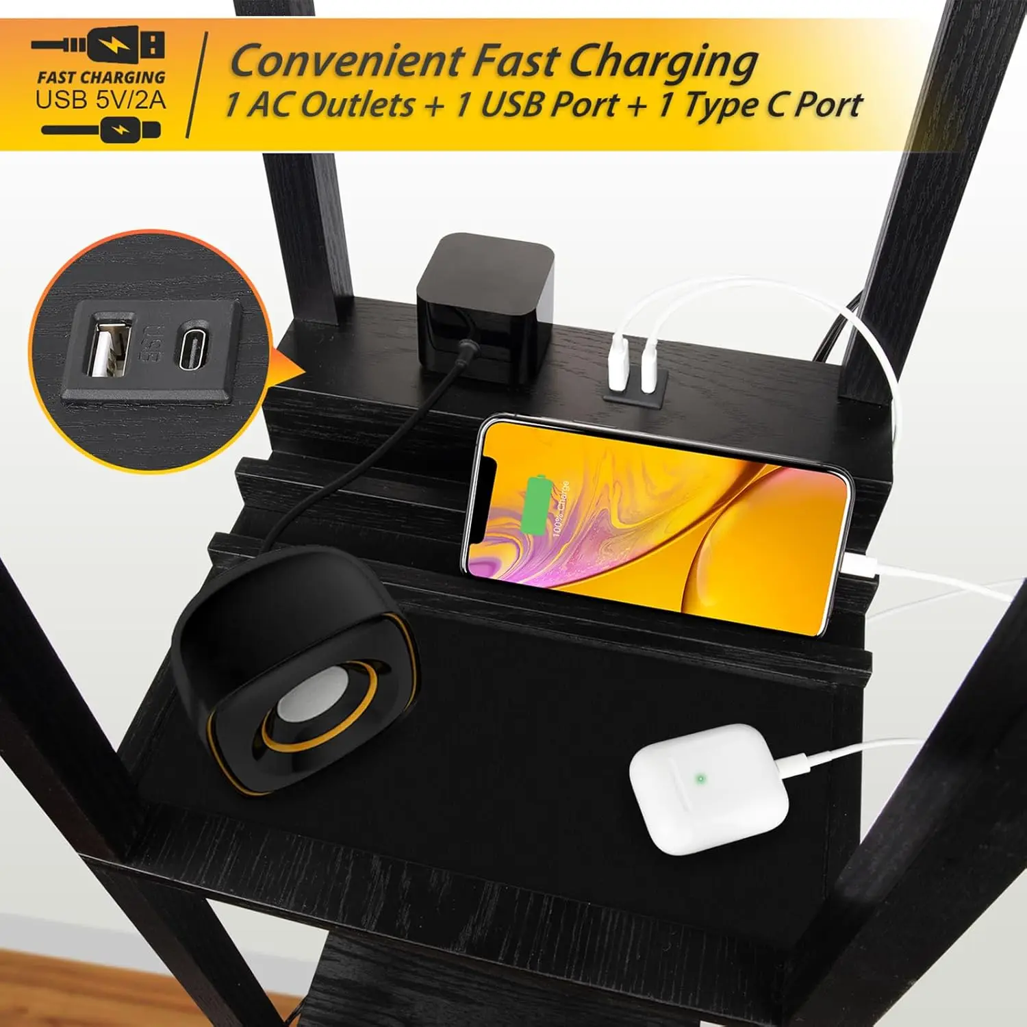 Lampada da Terra 3-in-1 con USB, Type-C e Presa AC, Luce LED a 3 Livelli per Camera da Letto e Arredamento Moderno