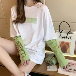 Stylish Printing Letter Spliced Fake Two Pieces Tee Shirt Female Clothing 2023 Autumn New Loose Casual Tops Korean T-Shirts