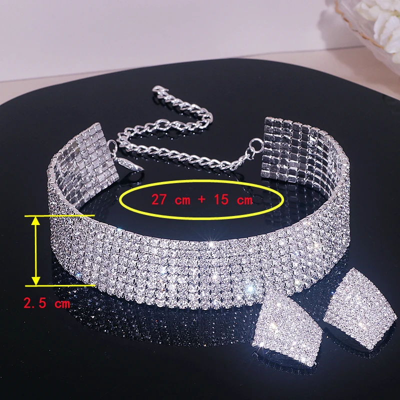 Trendy Shiny Multi-Layer Rhinestone Collar Choker Necklace for Women Elegant Ladies Wedding Short Necklace Earrings Jewelry Set