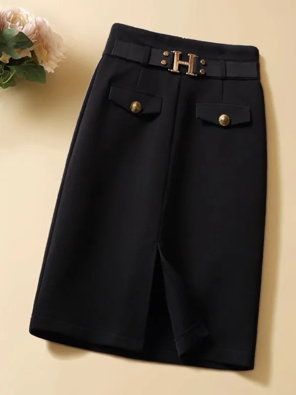 

Ladies High Waist Midi Skirt Suit Sle Slimming Slit Design Ci Commute Friendly Korean Faion f Body Skirts