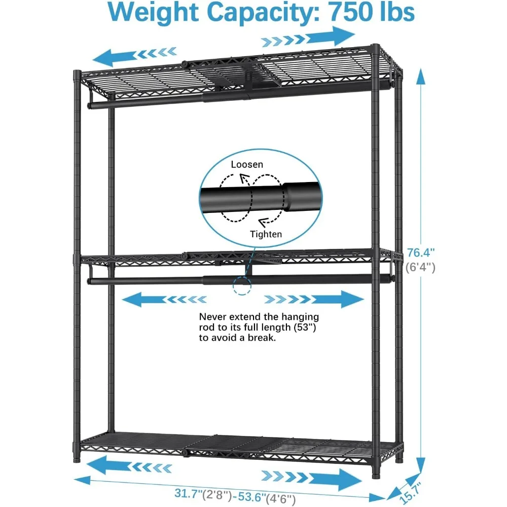 نظام خزانة قابل للتعديل، قابل للتوسيع من 2'8 إلى 4'6، مع أرفف قابلة للتخصيص وقضبان شماعات لمتجر الملابس شديدة التحمل #6