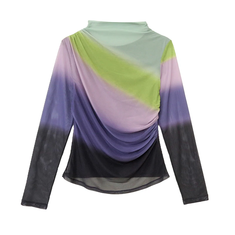 Y2K Fashion T-Shirt Elastic Mesh Long Sleeve Slimming Printing Dyeing Positioning Flower Autumn Winter Top