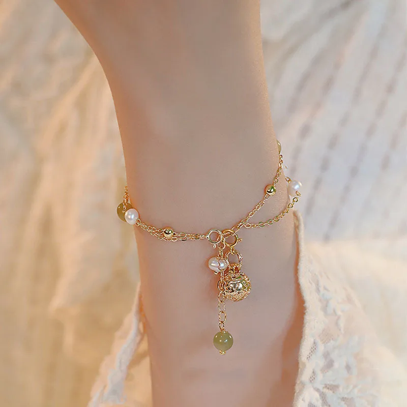 

Набор браслетов и браслетов на ногу из натурального пресноводного жемчуга и нефрита Хэтянь с подвеской-колокольчиком для женщин, изысканные ювелирные изделия