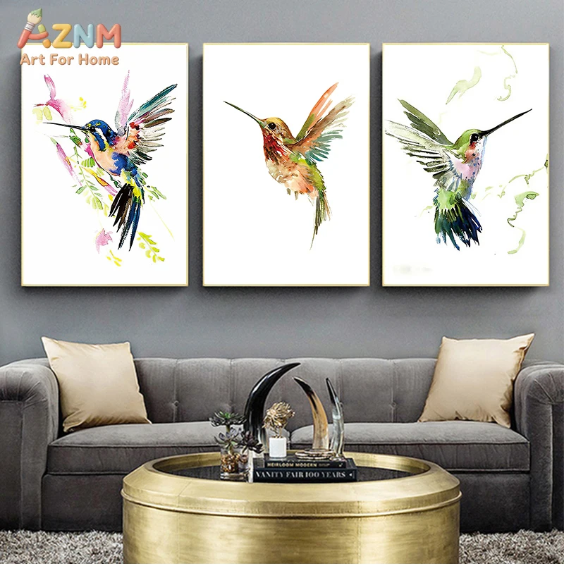 AZNM Watercolor Hummingbird Canvas Wall Art, Colorful Tropical Bird Print, Unframed Modern Botanical Animal Poster for Living Ro