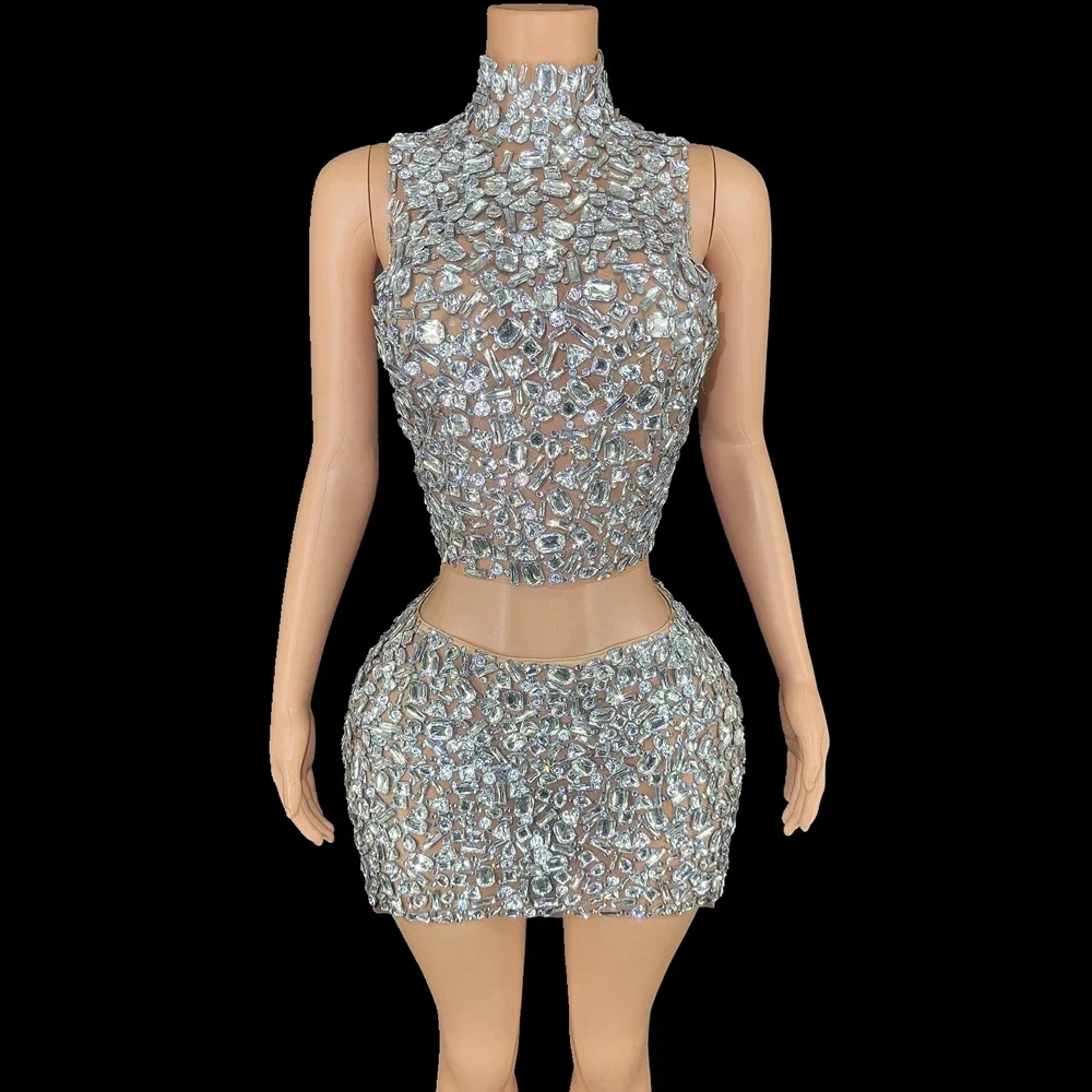 Sprankelende Kristallen Top Backless Korte Rok Twee Stukken Sexy Mesh Transparant Vieren Avond Prom Verjaardag Jurk Show Podiumkleding