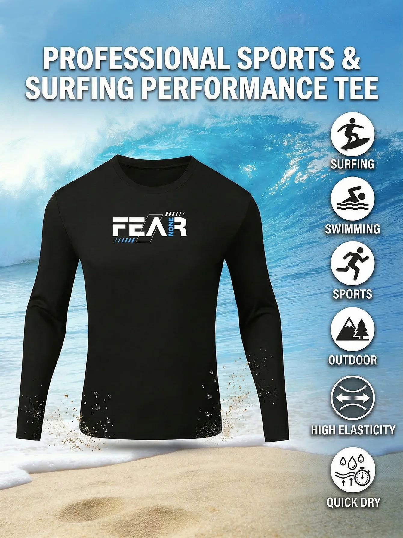 Men's long sleeved surfing suit with English pattern print, high elasticity and quick drying surfing top, essential for outdoor