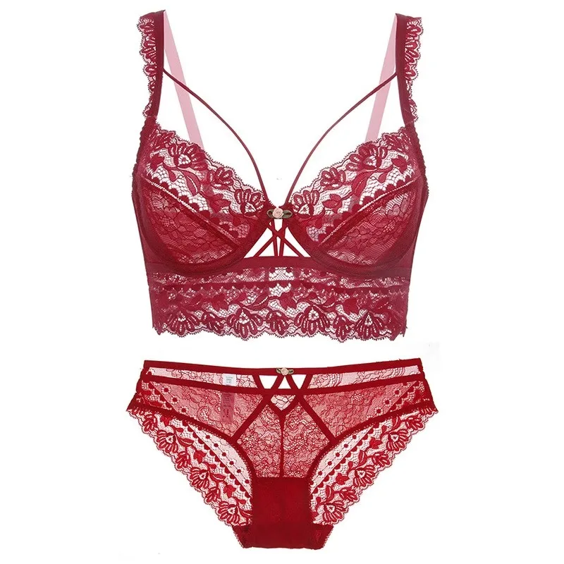 

Sexy lace ultra-thin bra set with steel rims, big chest display, small D-cup, big size, zodiac year underwear, women's red color