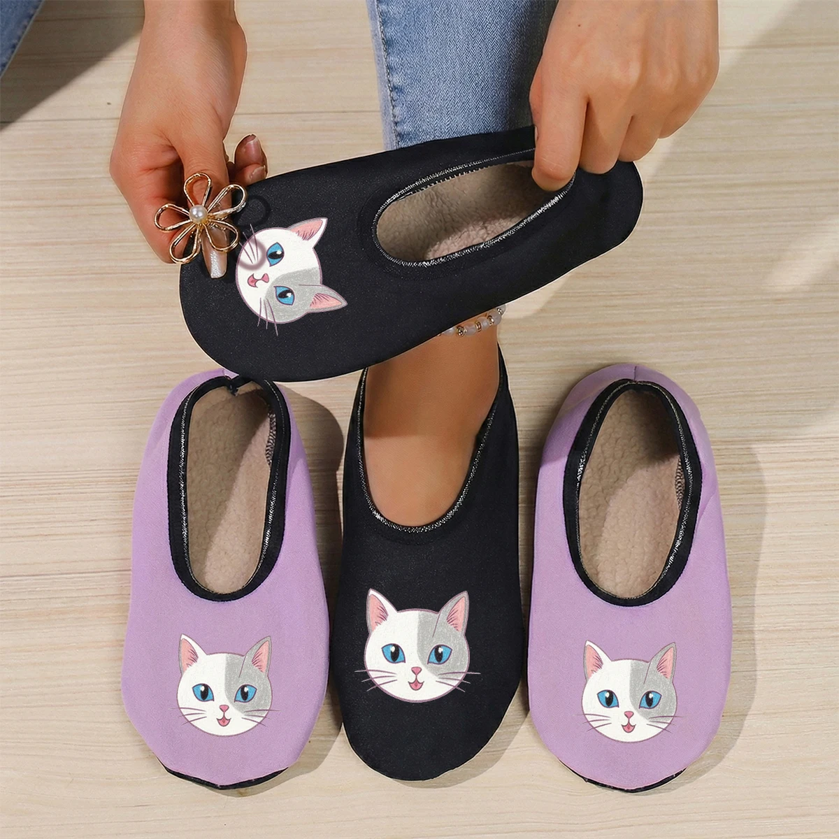 

Four-Season Wearable Women's Animal Cute Cat Pattern Printed Suede Breathable High Elasticity Indoor Floor Slippers