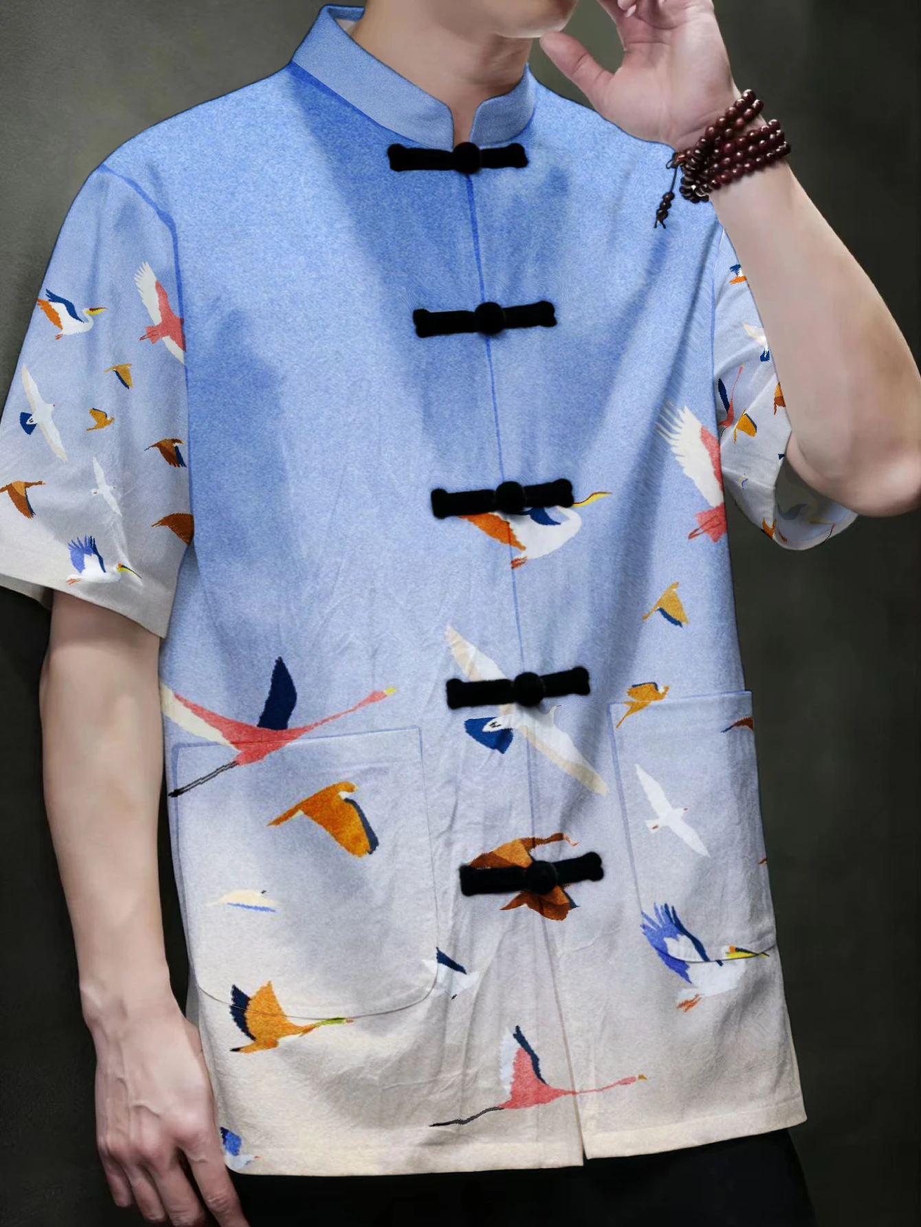 Men Men Chinese Style Tang Suit Short Sleeve Shirt Mandarin Collar Frog Button Colorful Crane Bird Allover Print Casual Open Front - Aliexpress Deal