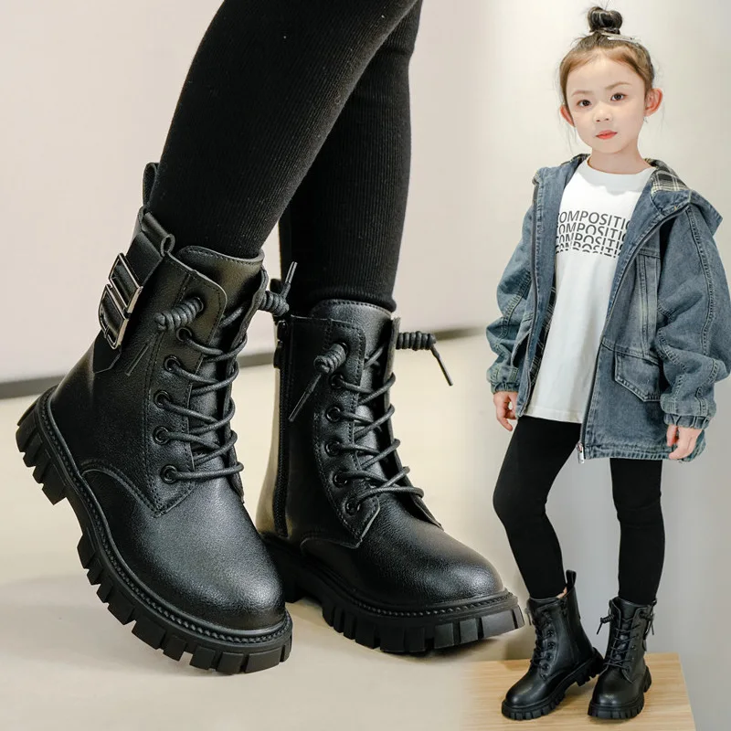 Botines antideslizantes para niños y niñas, botas gruesas de cuero para exteriores, a la moda, para otoño e invierno, J158