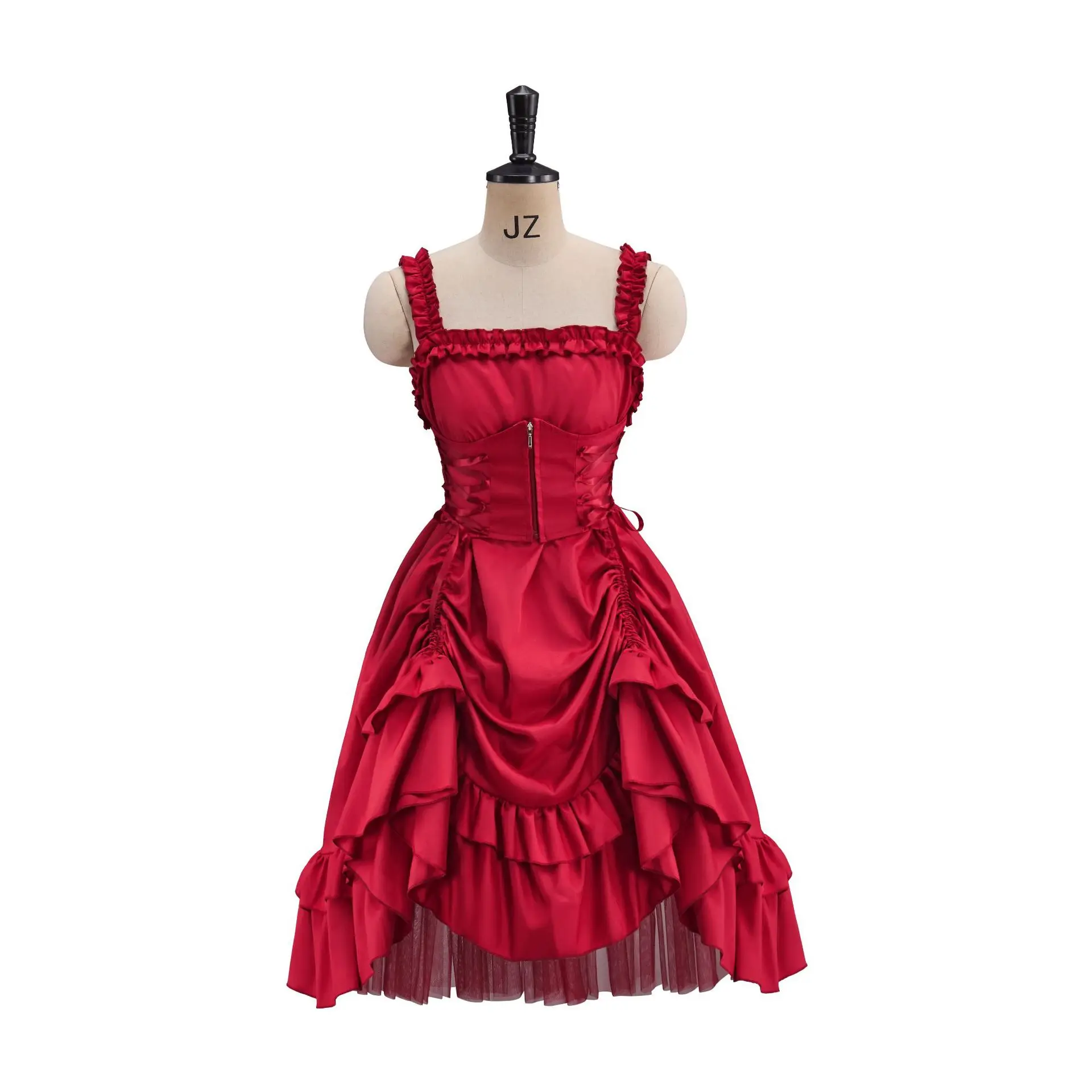 الأوروبية والأمريكية لوليتا تأثيري القوطية الكرة ثوب اللباس المجهزة غير المتماثلة الدانتيل متابعة حزام فستان الدانتيل الأحمر