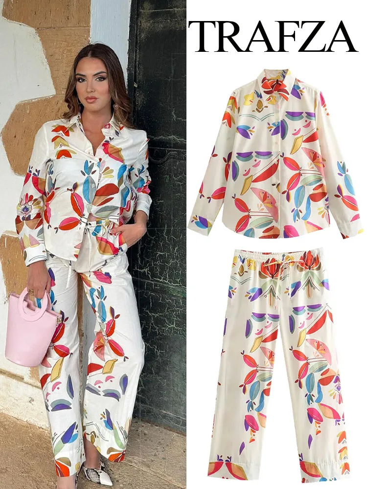 TRAFZA Women Suits Print Turn-Down Collar Long Sleeves Single Breasted Casual Shirts+High Waist Pockets Zipper Wide Leg Pants