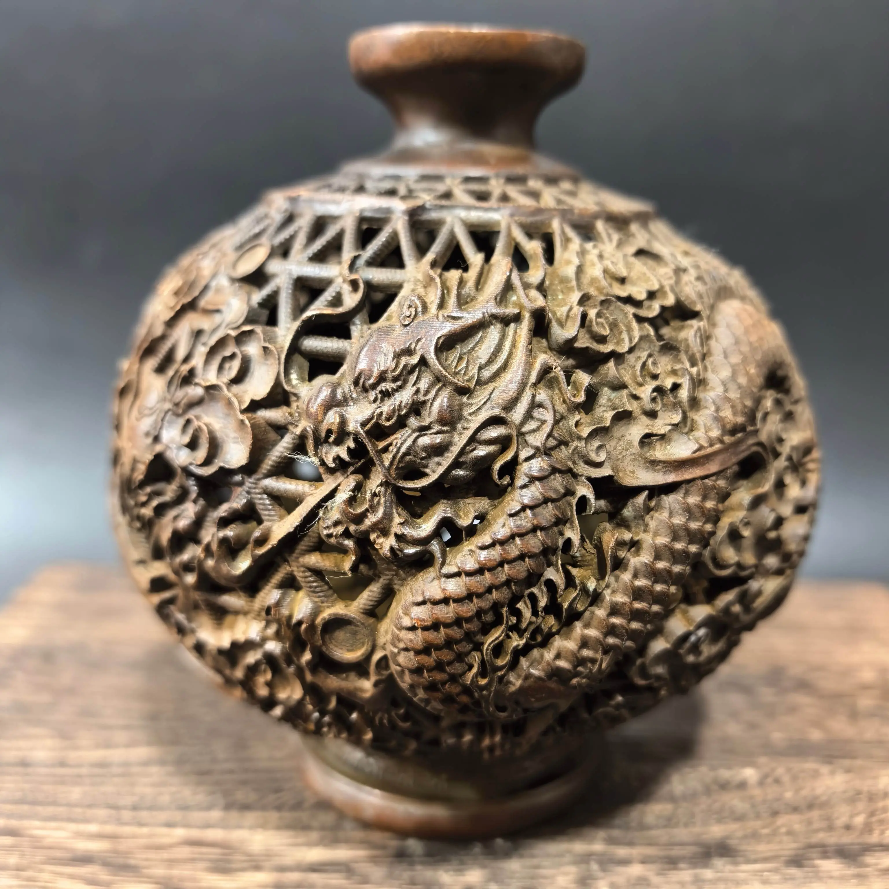 Antique collection alloy copper hollow vase interior home decoration ornament antique dragon and phoenix chengxiang bogu frame o