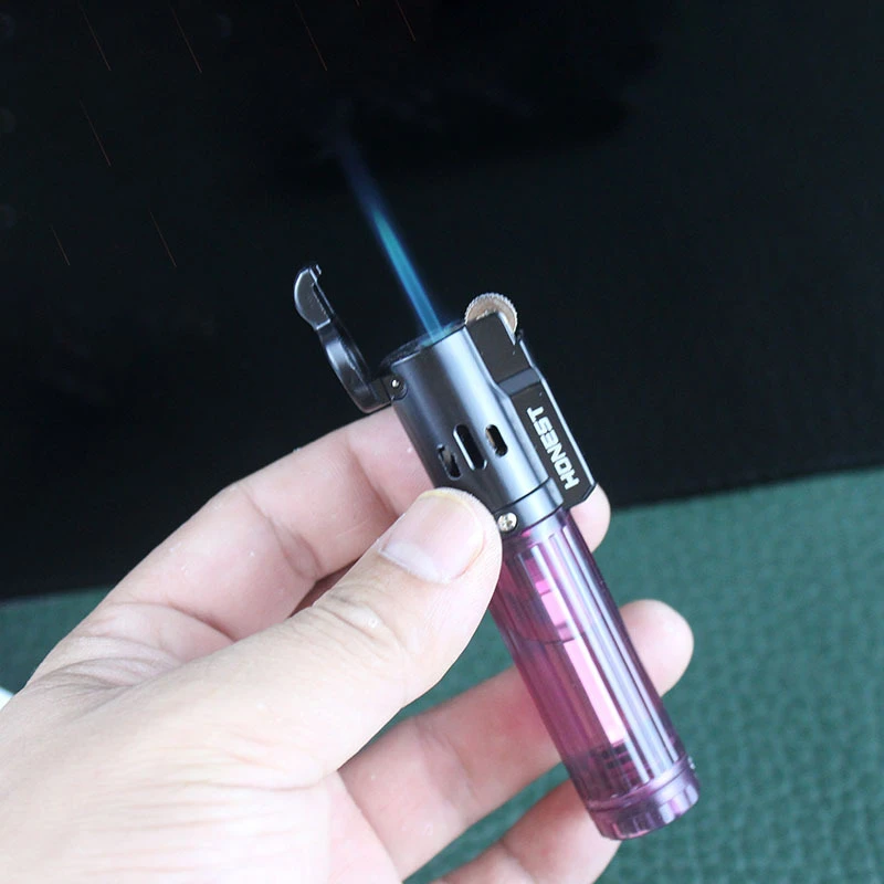 Honest Windproof Blue Flame Butane Gas Lighter Transparent Visible Fuel Tank Torch Lighter Grinding Wheel Ignition Tool Lighter