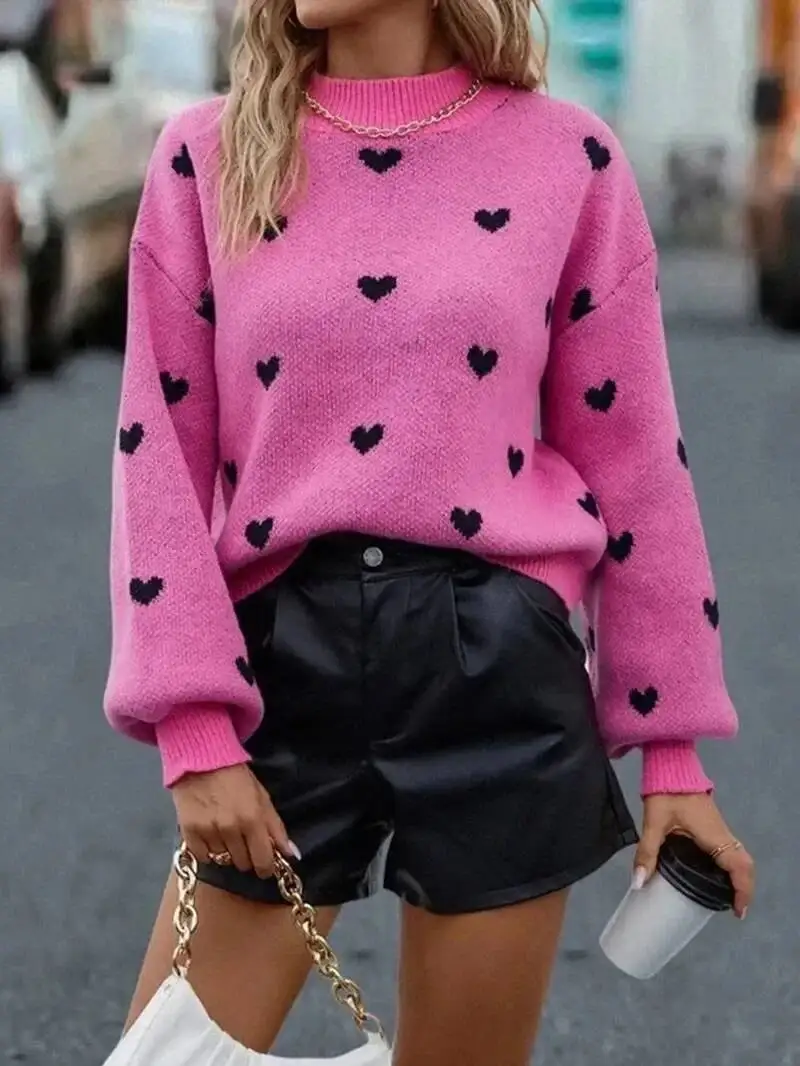 Y K O Neck Kawaii Pullover Loose Jumper Long Lantern Sleeve Knitwear Female Autumn Embroidery Heart Women Sweater