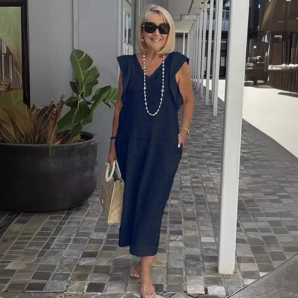 

Women's Long Skirt Feifei Sleeve V-neck Loose Cotton Linen Elegant Backless Straps Fashion Solid Color Dress